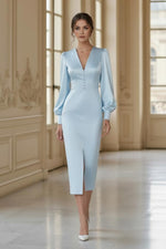 Lantern Sleeve Split Midi Dress with Mandarin Neck