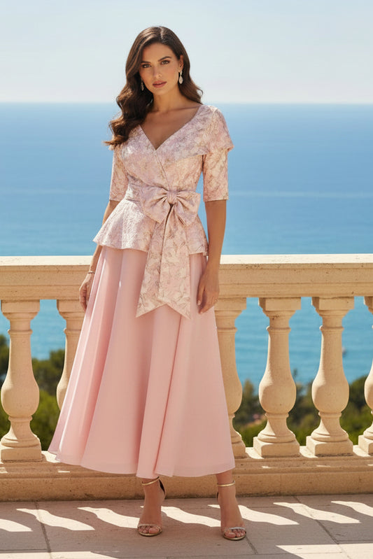 Jacquard Peplum Tea-Length Dress with Bow