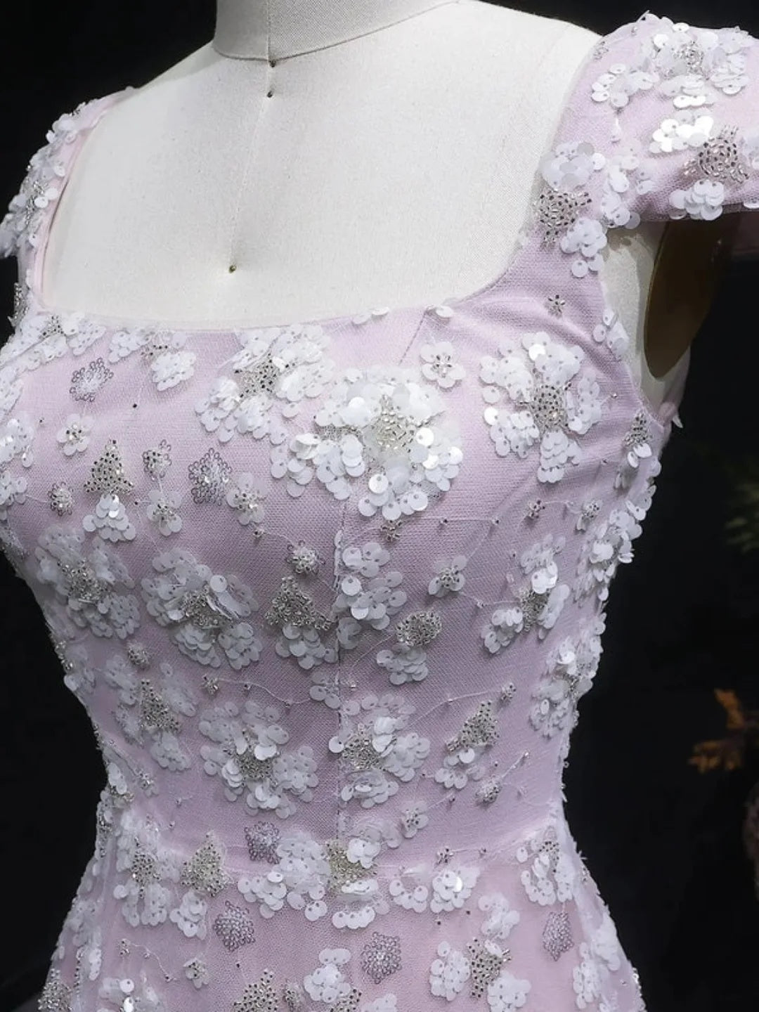 Square Neck 3D Floral Applique A-Line Gown
