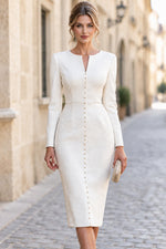 Long Sleeve Midi Sheath Dress with Button Detail