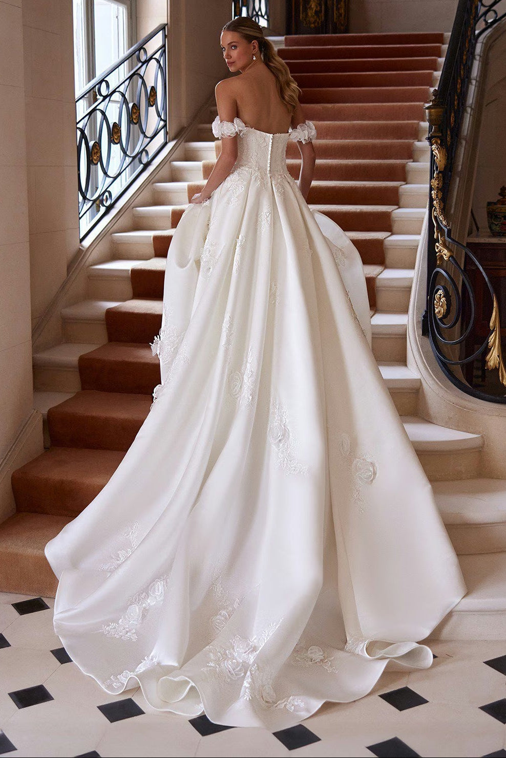 Off-the-Shoulder Satin Ball Gown Wedding Dress