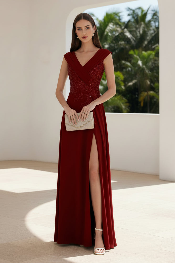 Sequin-Embellished V-Neck Gown with High Slit