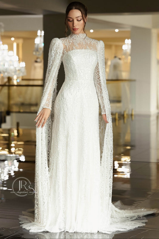 High Neck Long Sleeve Lace Bridal Gown with Cape