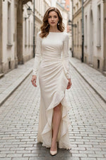 Ruched Long Sleeve Gown with Cascade Ruffle Slit