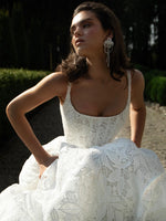 Square Neck Botanical Lace A-Line Wedding Dress