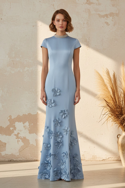 Pearl Collar Satin Mermaid Gown with 3D Flowers