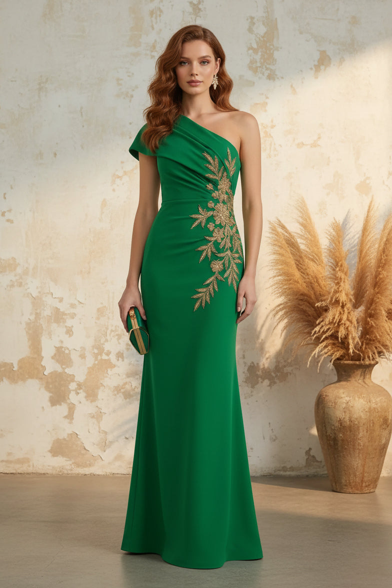 One-Shoulder Embroidered Evening Gown with High Slit
