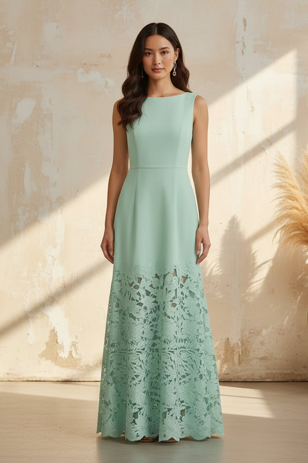 Sleeveless A-Line Maxi Dress with Lace Skirt