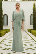 Flutter Cape Sleeve V-Neck Floor-Length Evening Gown
