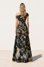 One-Shoulder Floral Print Satin A-Line Gown