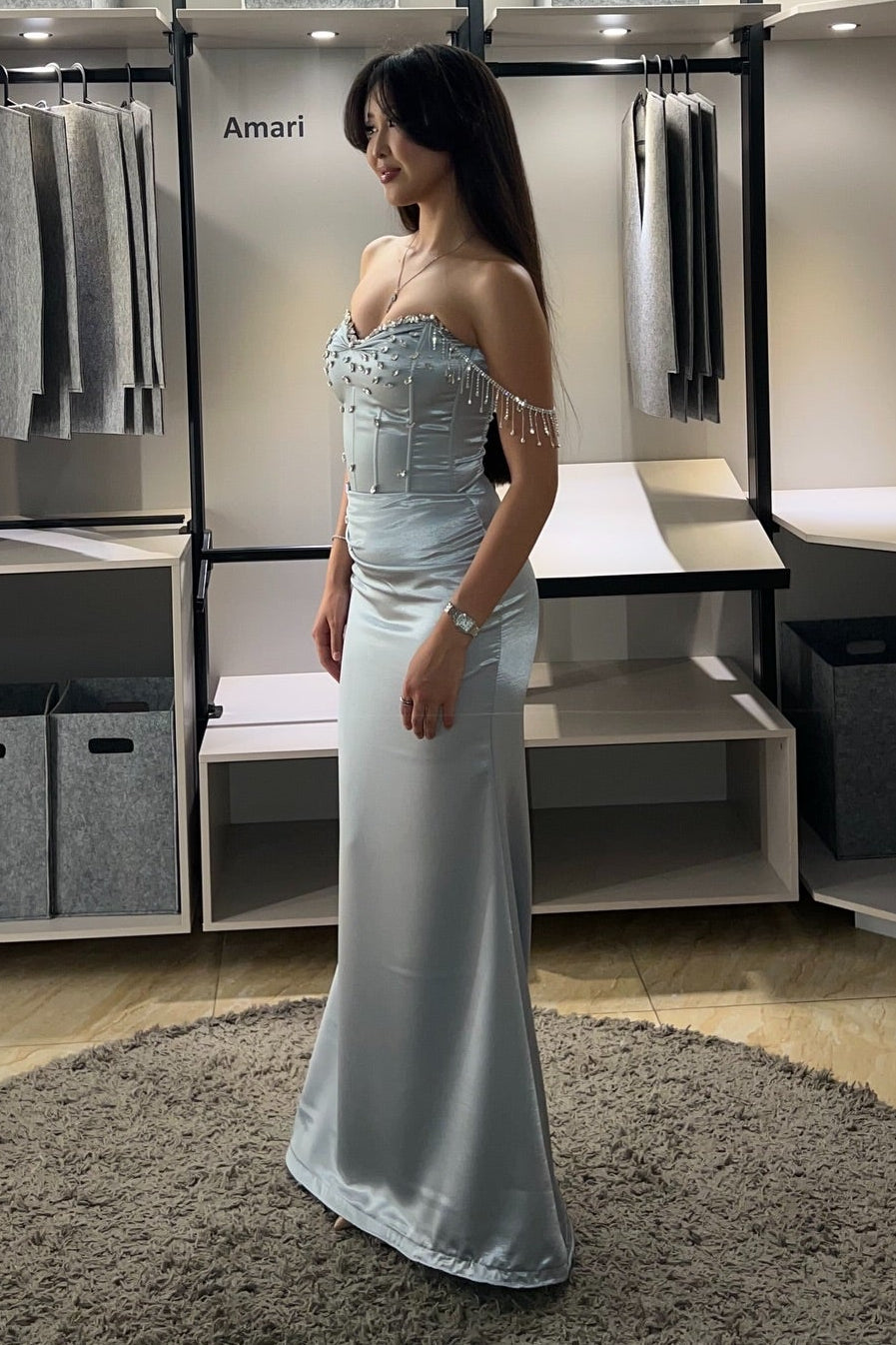 Beaded Fringe Corset Satin Evening Gown
