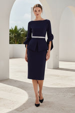 Bateau Neck Midi Peplum Dress with Bell Sleeves