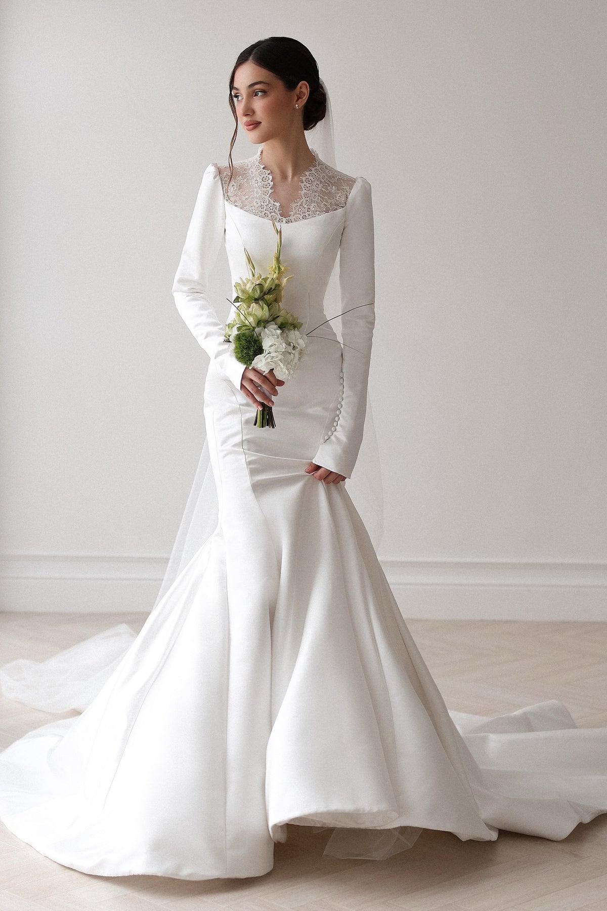 Lace Illusion Mermaid Wedding Dress with Sleeves