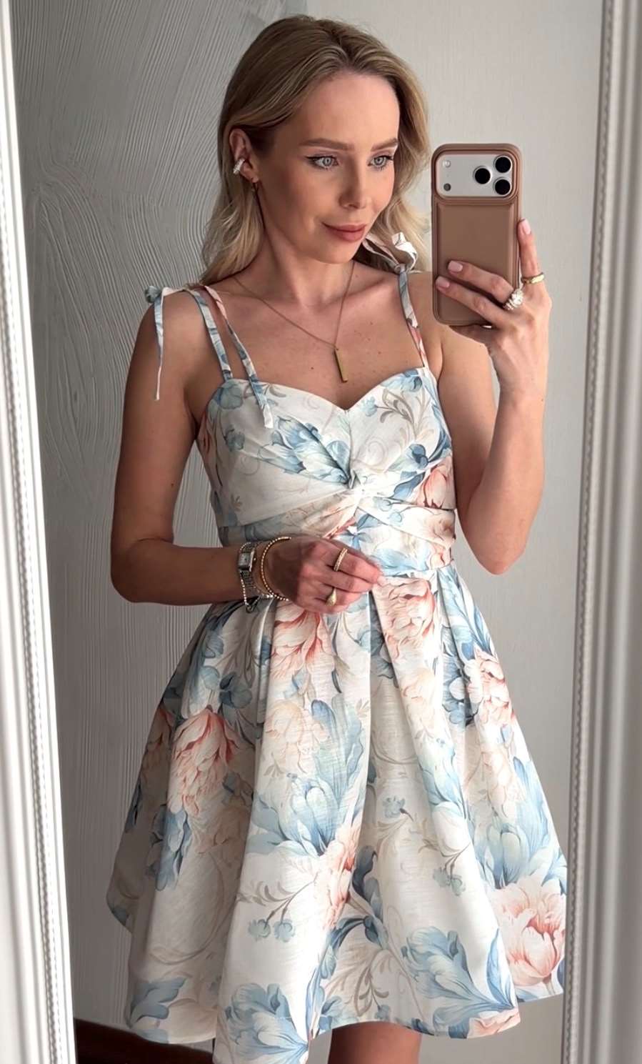 Floral Print A-Line Mini Dress with Tie Straps