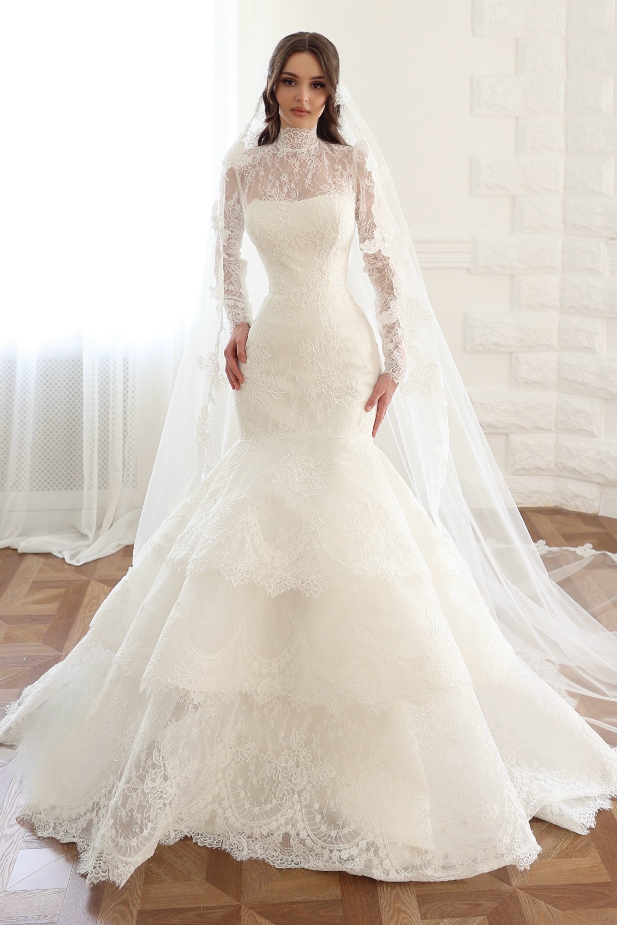 High Neck Lace Mermaid Wedding Dress with Tiered Skirt