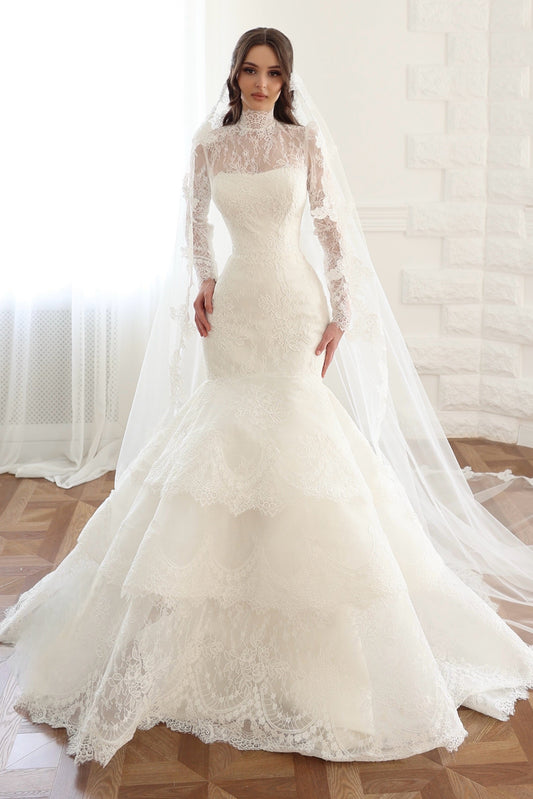High Neck Lace Mermaid Wedding Dress with Tiered Skirt