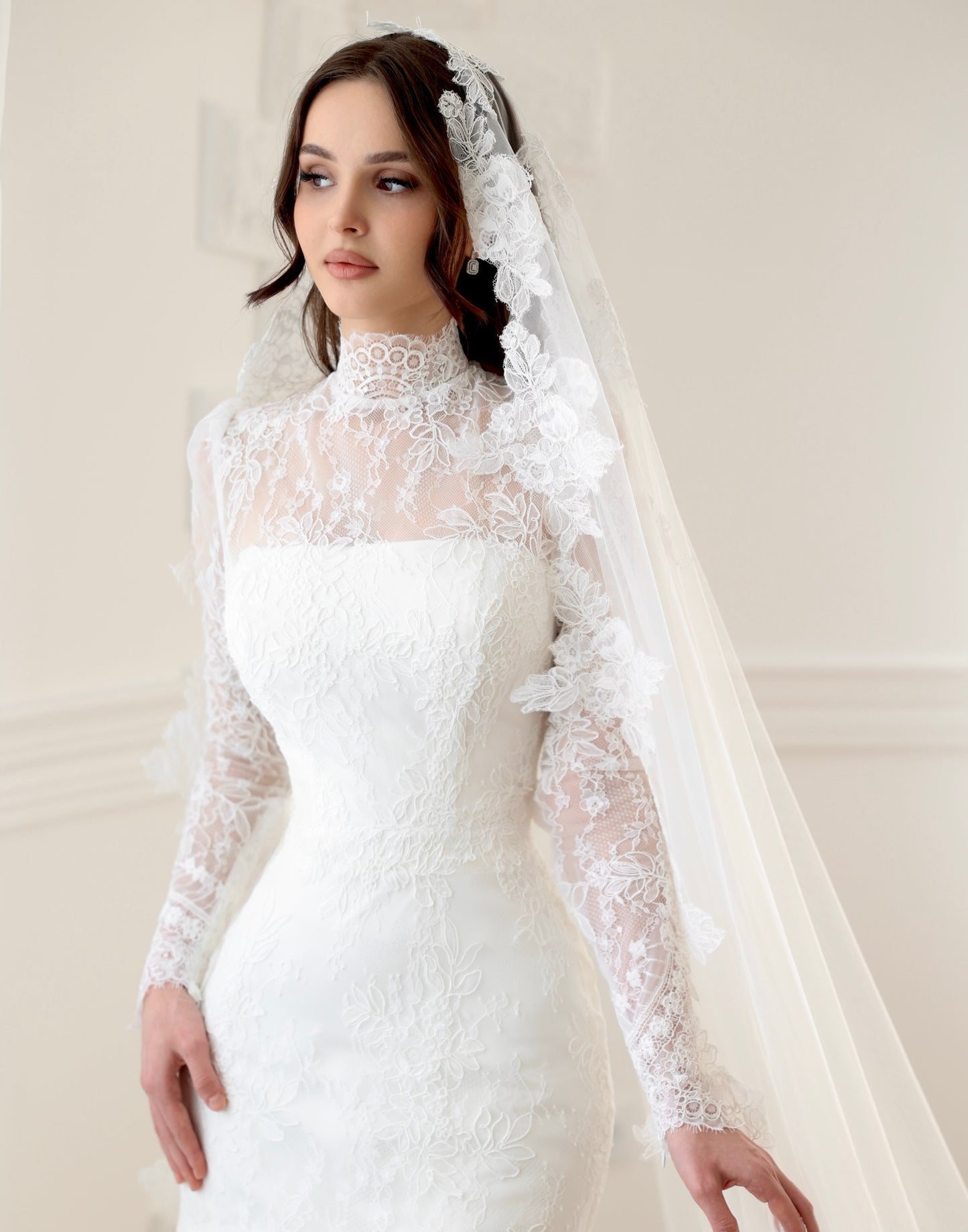 High Neck Lace Mermaid Wedding Dress with Tiered Skirt