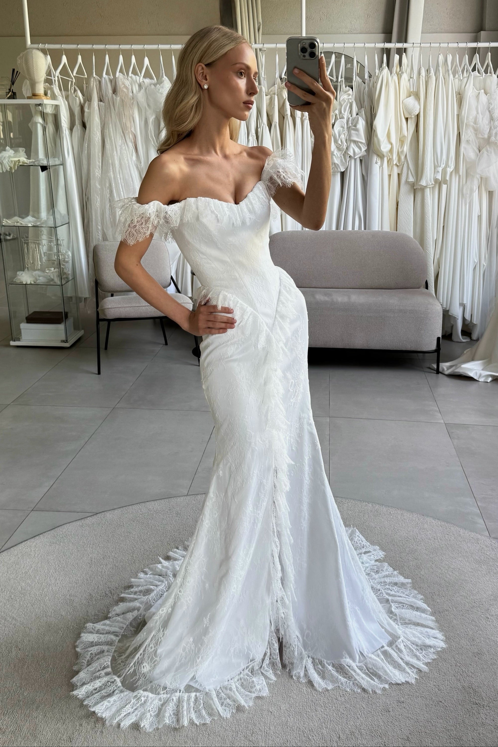 Off-the-Shoulder Corset Mermaid Wedding Dress with Slit