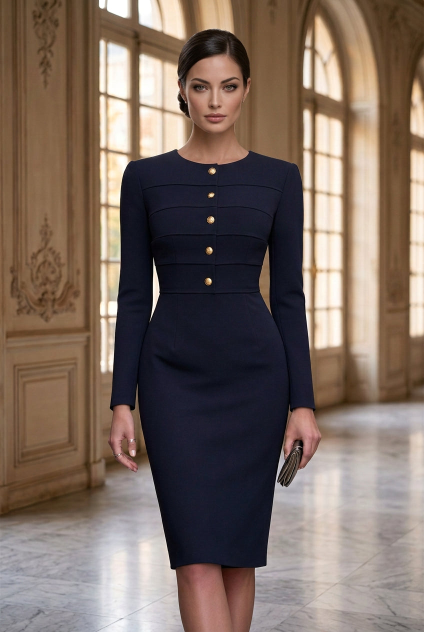 Long Sleeve Button-Front Sheath Midi Dress
