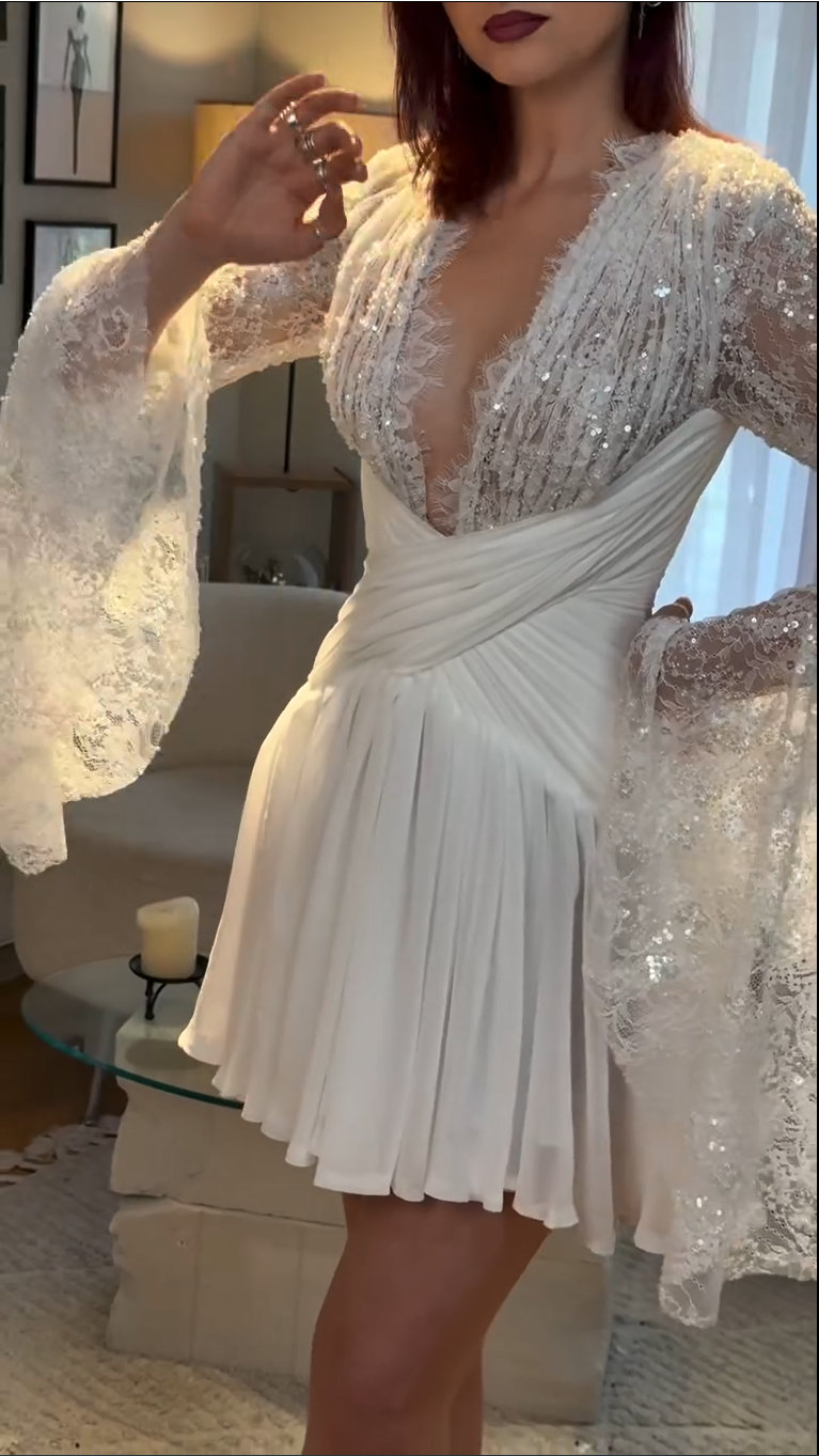 Sequined Lace Deep V Mini Dress with Flared Sleeves