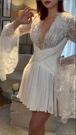 Sequined Lace Deep V Mini Dress with Flared Sleeves