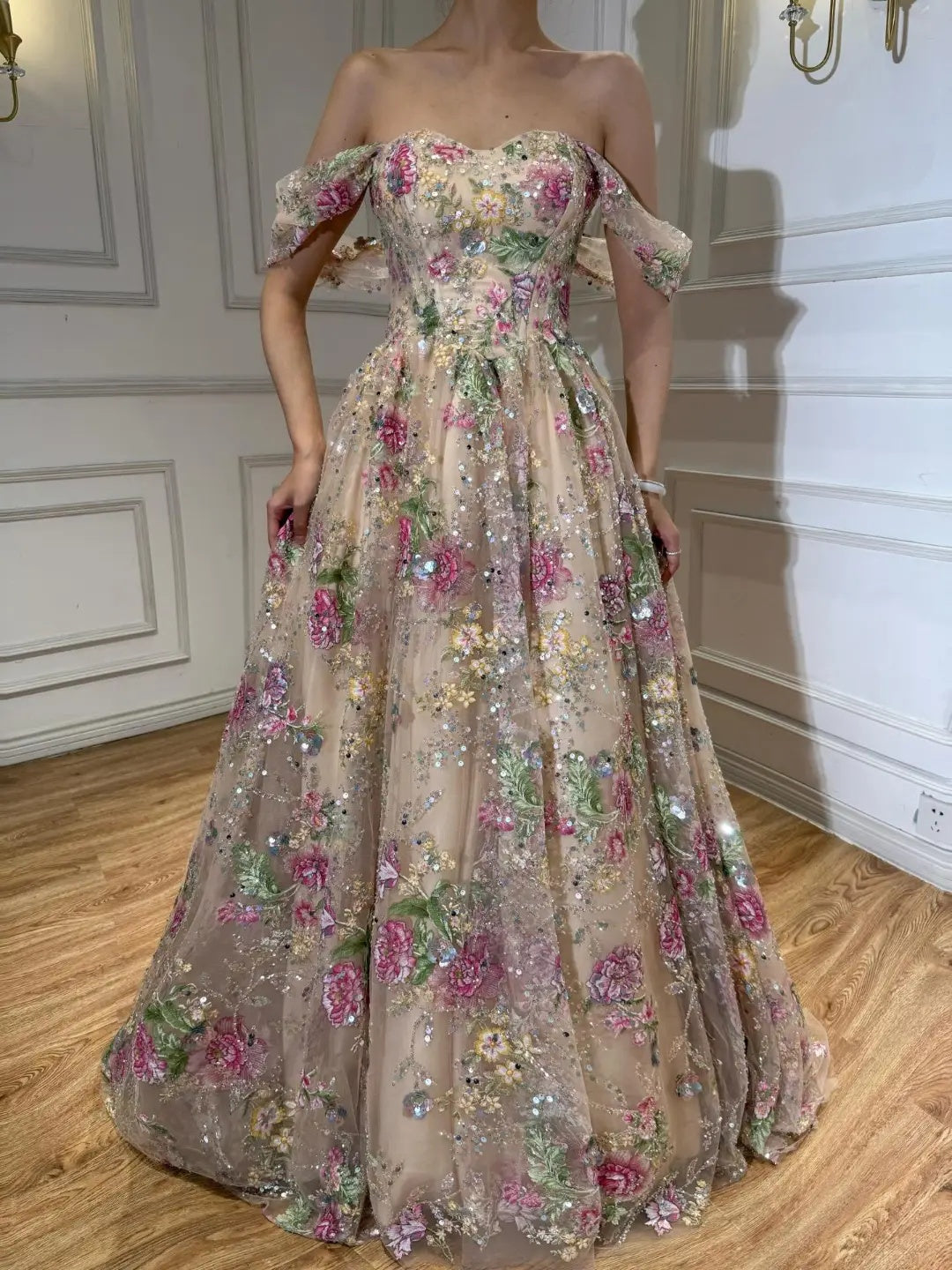 Off-the-Shoulder Floral Embroidered A-Line Gown