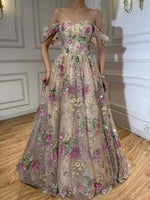 Off-the-Shoulder Floral Embroidered A-Line Gown