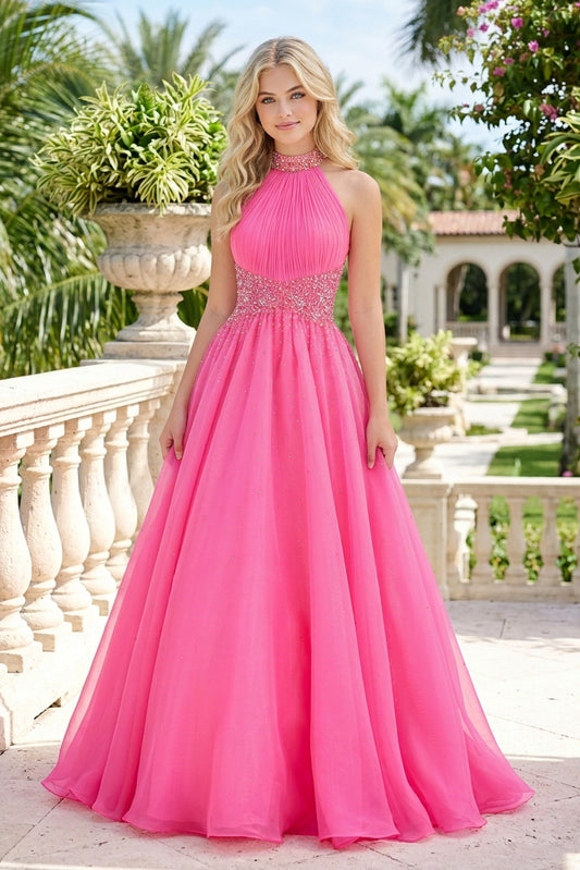 Halter Neck Beaded Ball Gown with Sweeping Train