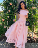 Embroidered A-Line Midi Dress with Pleated Skirt