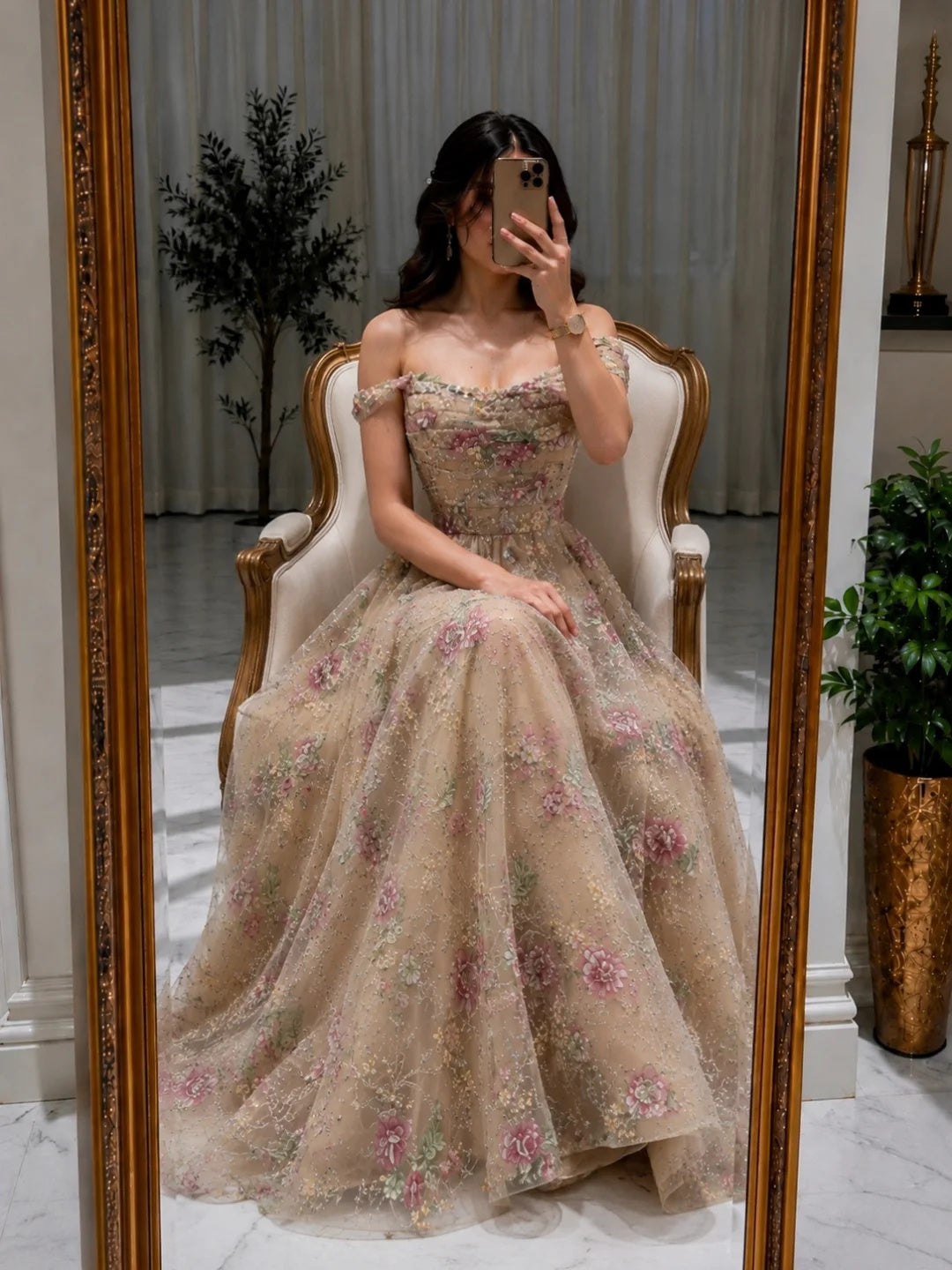 Romantic Floral Off-the-Shoulder Tulle Gown