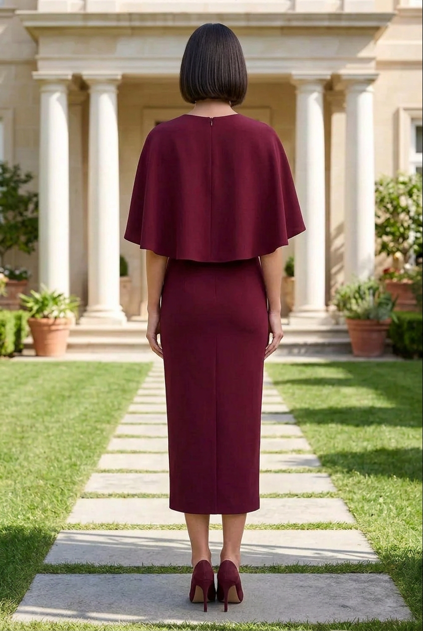 Cape Detail V-Neck Midi Sheath Dress