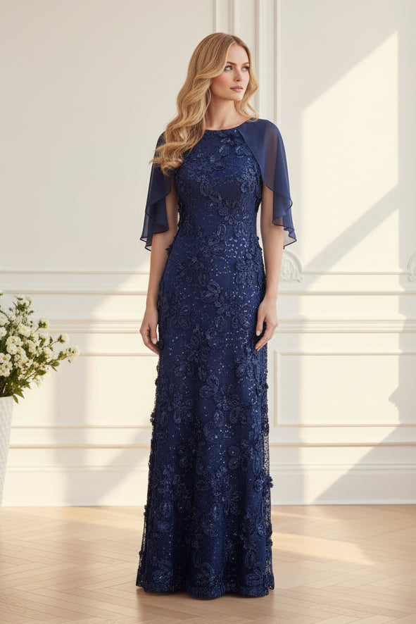 Beaded Column Gown with Chiffon Cape