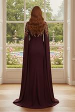 Embroidered Cape Sleeve Evening Gown with Keyhole Neckline