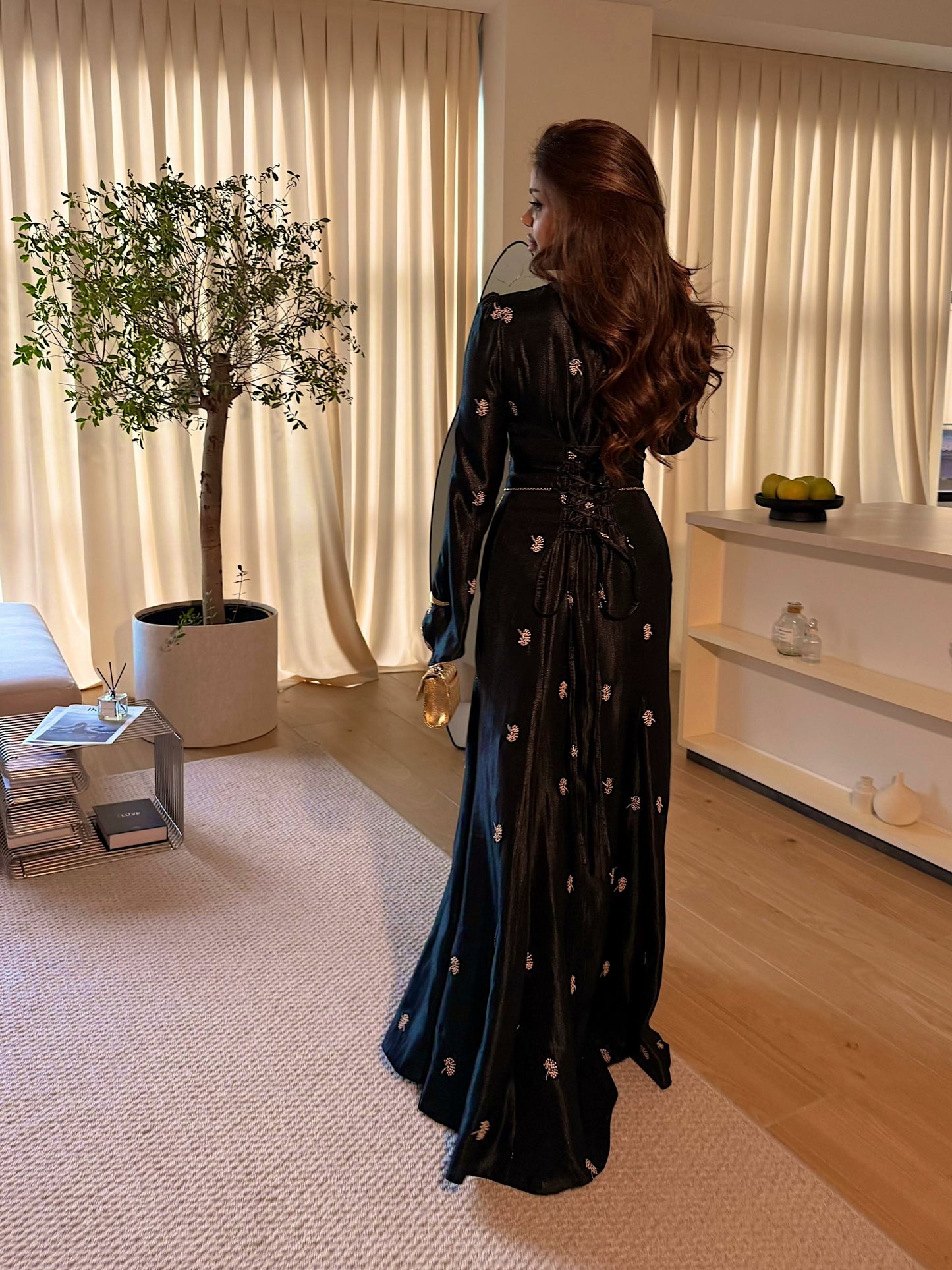 Embroidered Long Sleeve Gown with Lace-Up Back