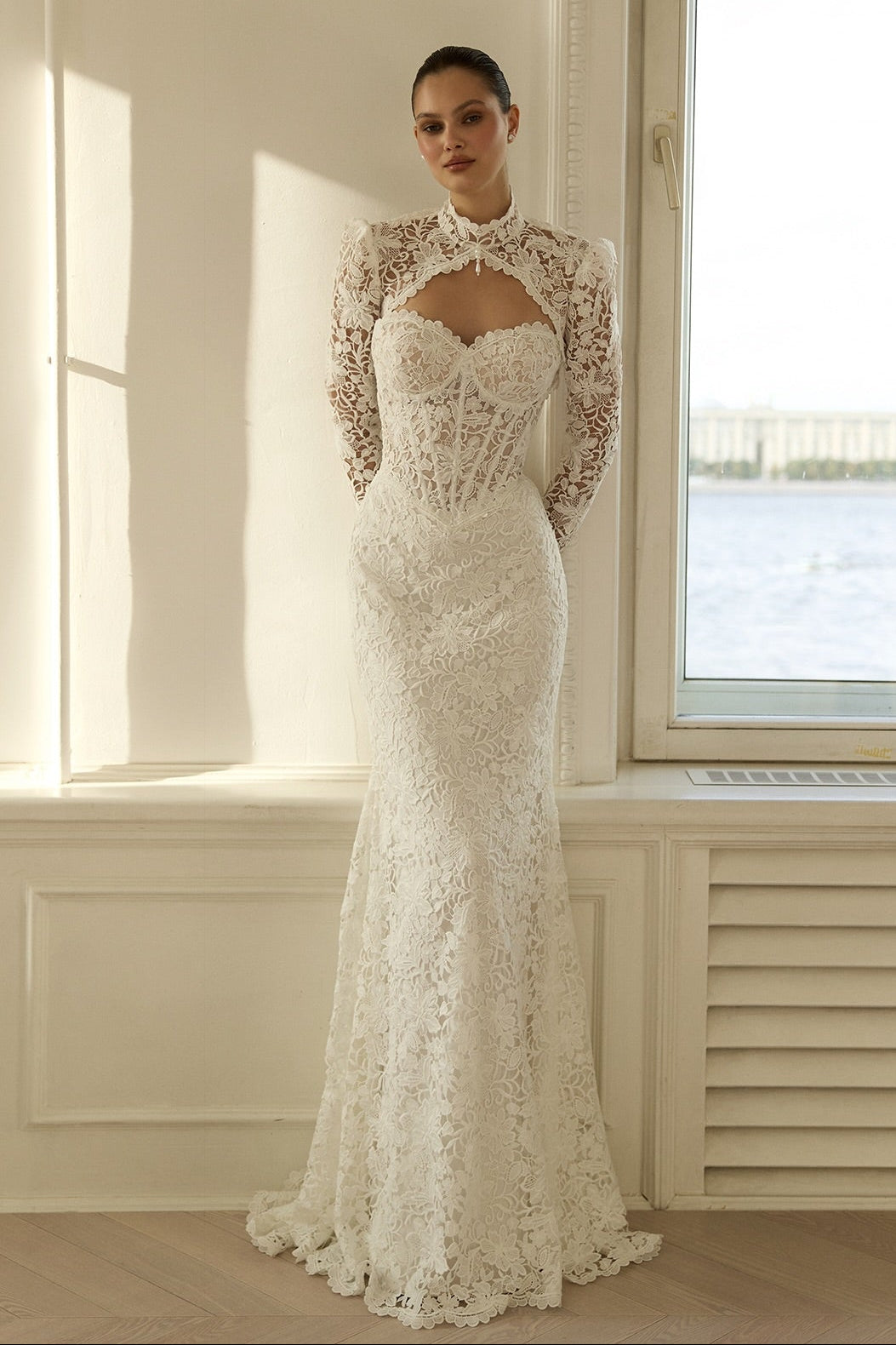 High Neck Lace Mermaid Wedding Dress with Corset Bodice