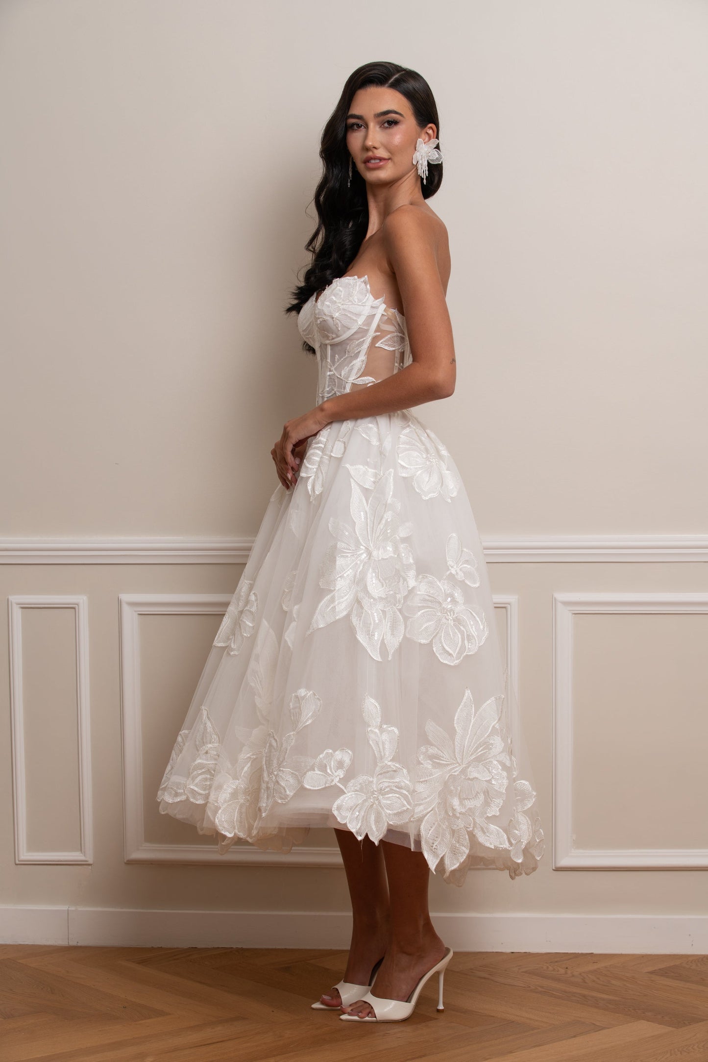 Strapless Corset A-Line Floral Lace Tea-Length Dress