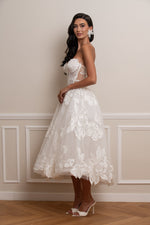 Strapless Corset A-Line Floral Lace Tea-Length Dress