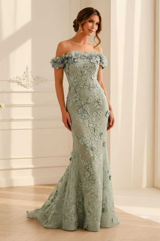 Off-Shoulder Floral Lace Mermaid Gown