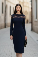 Lace-Yoke Long-Sleeve Midi Sheath Dress