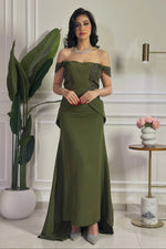 Off-the-Shoulder Beaded Evening Gown with Peplum