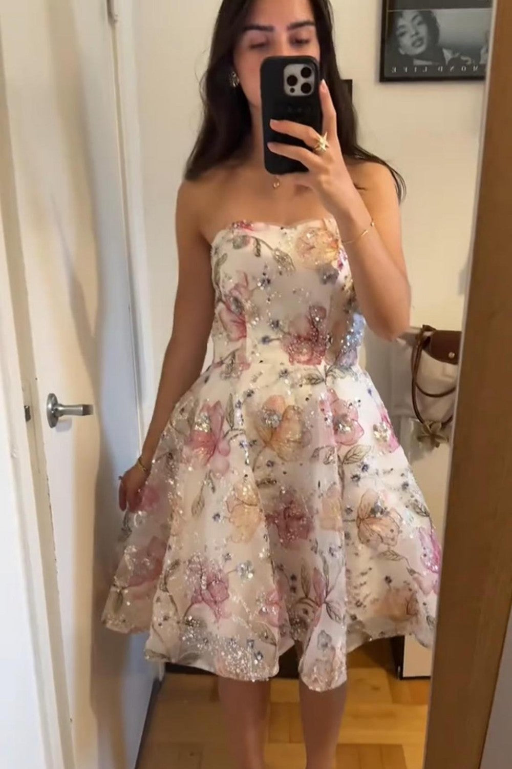 Strapless Floral Embroidered Sequin A-Line Dress