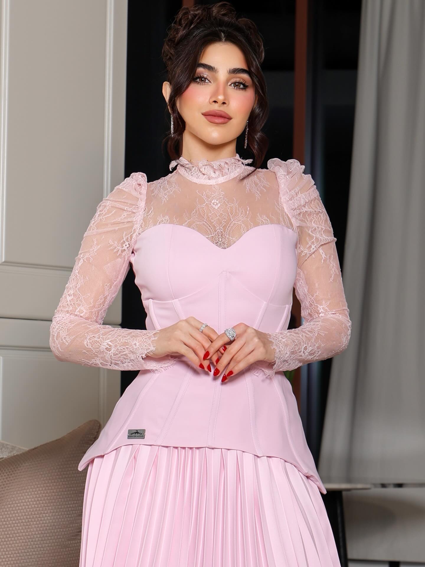 Elegant Lace High-Neck Corset and Pleated Maxi Dress