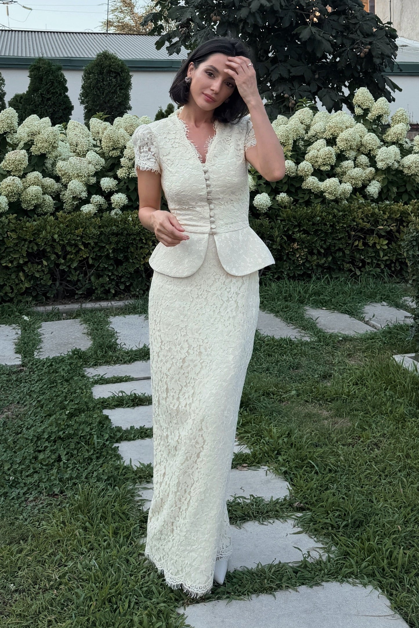 Lace Peplum Button-Front Maxi Dress Set