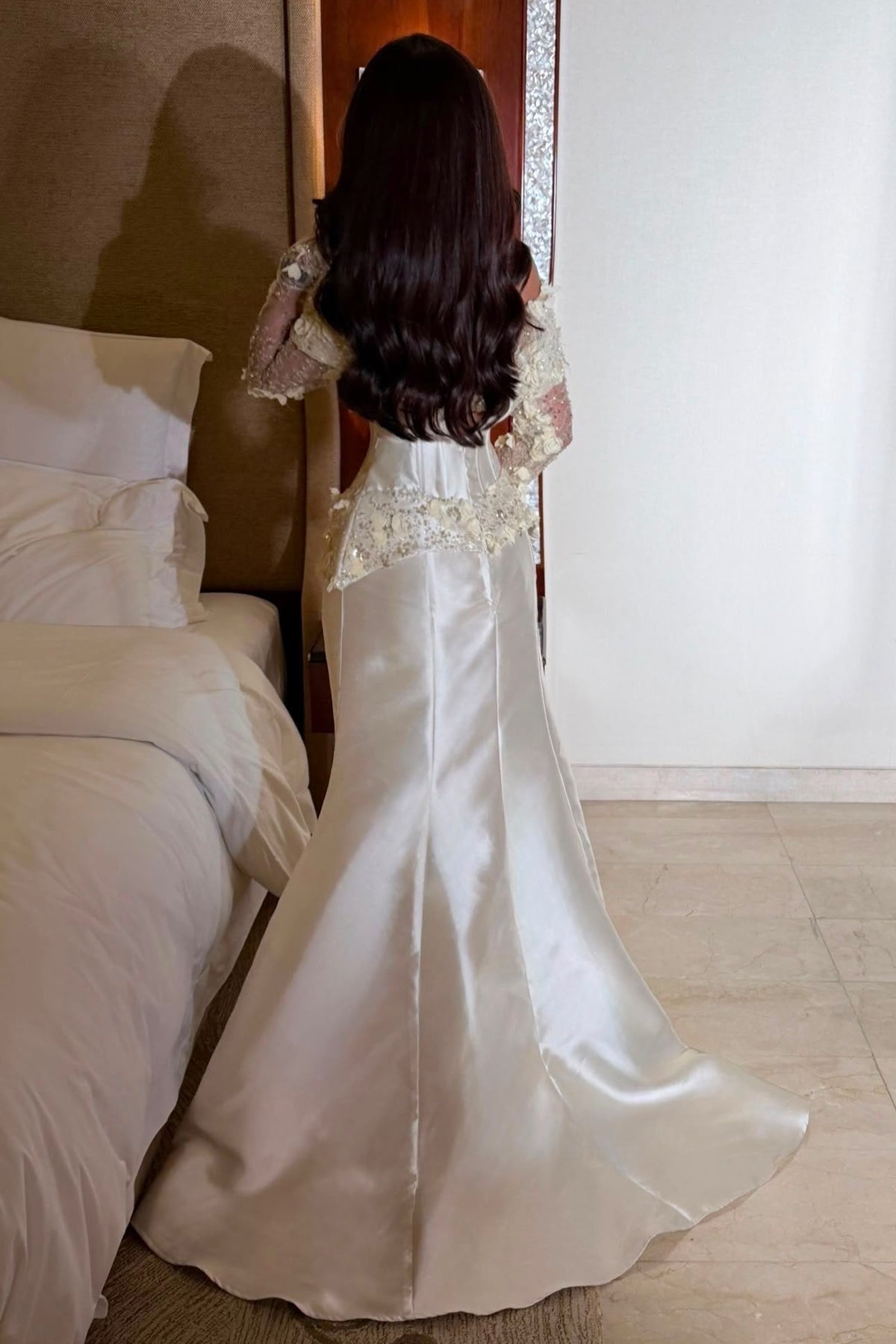 Off-Shoulder Corset Mermaid Gown with Floral Sleeves