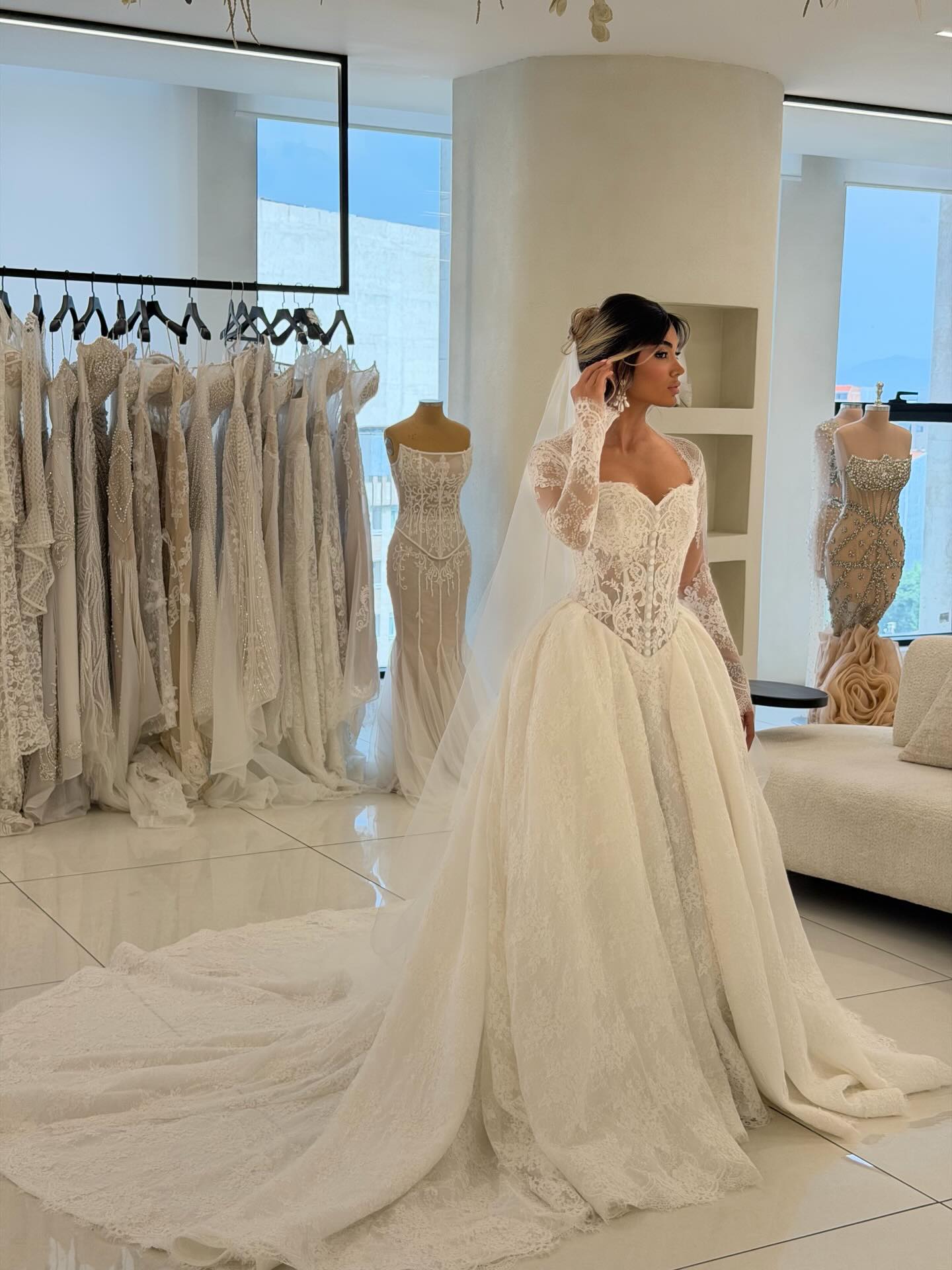 Long Sleeve Lace Corset Ball Gown Wedding Dress