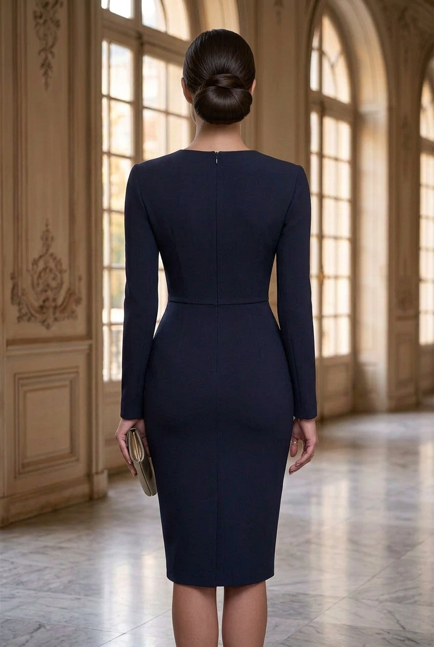 Long Sleeve Button-Front Sheath Midi Dress