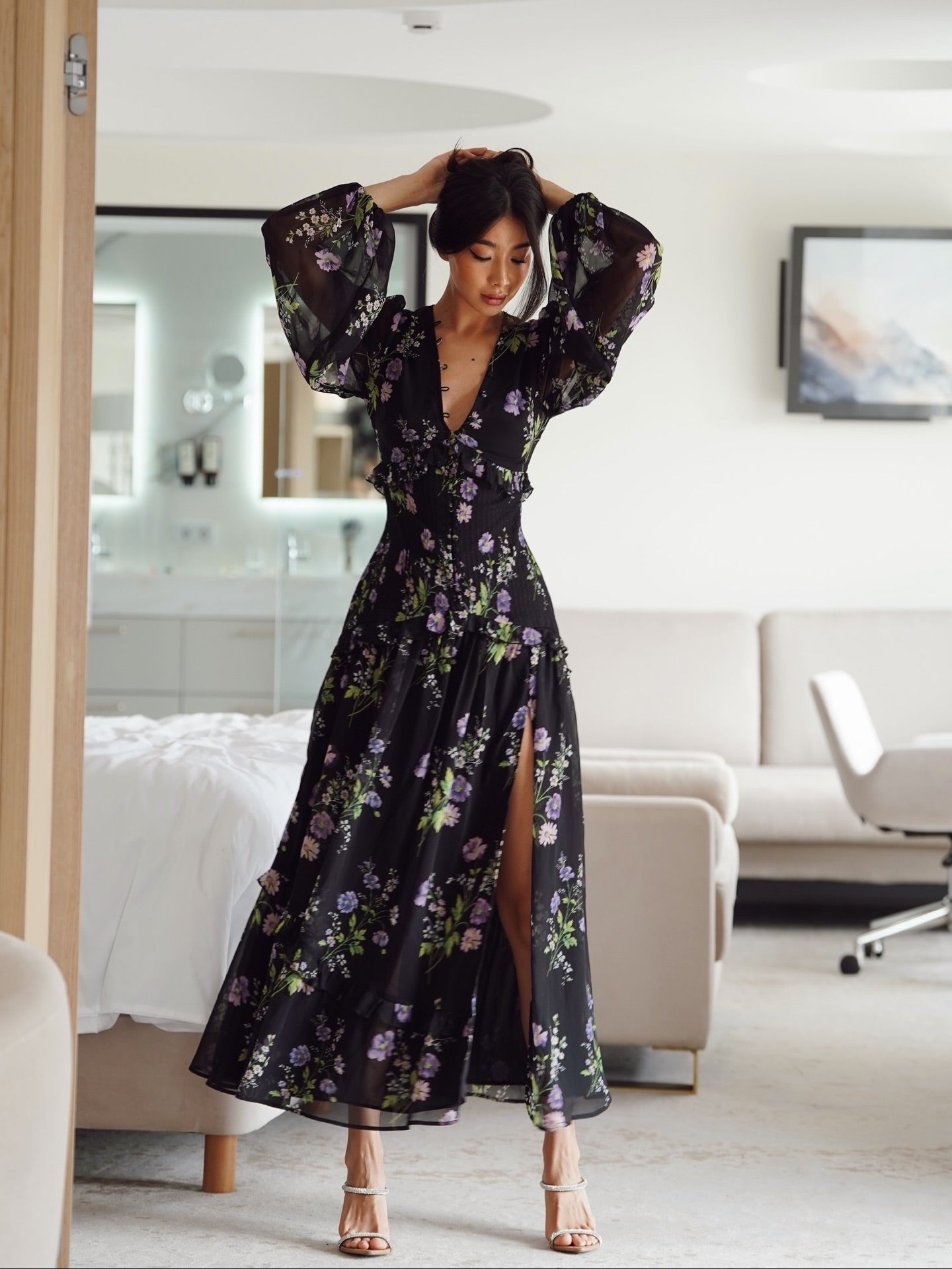 Floral Chiffon Long Sleeve Maxi Dress with Slit