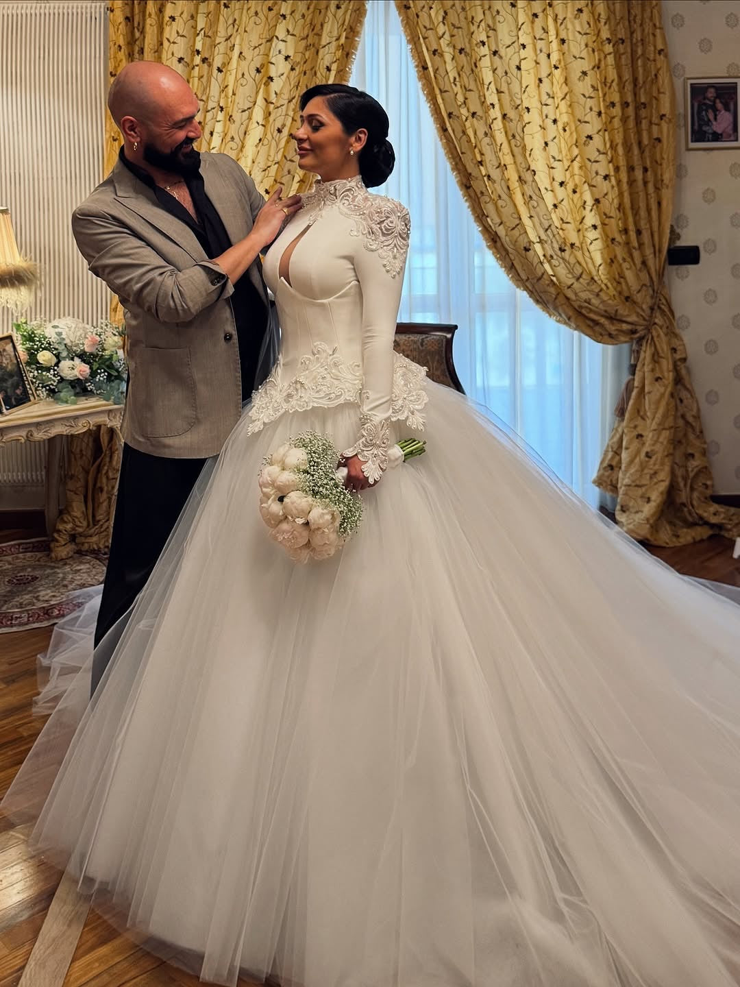 High Neck Lace Long Sleeve Ball Gown Wedding Dress