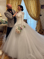 High Neck Lace Long Sleeve Ball Gown Wedding Dress