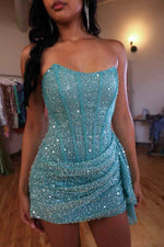 Strapless Corset Sequin Mini Dress with Side Drape
